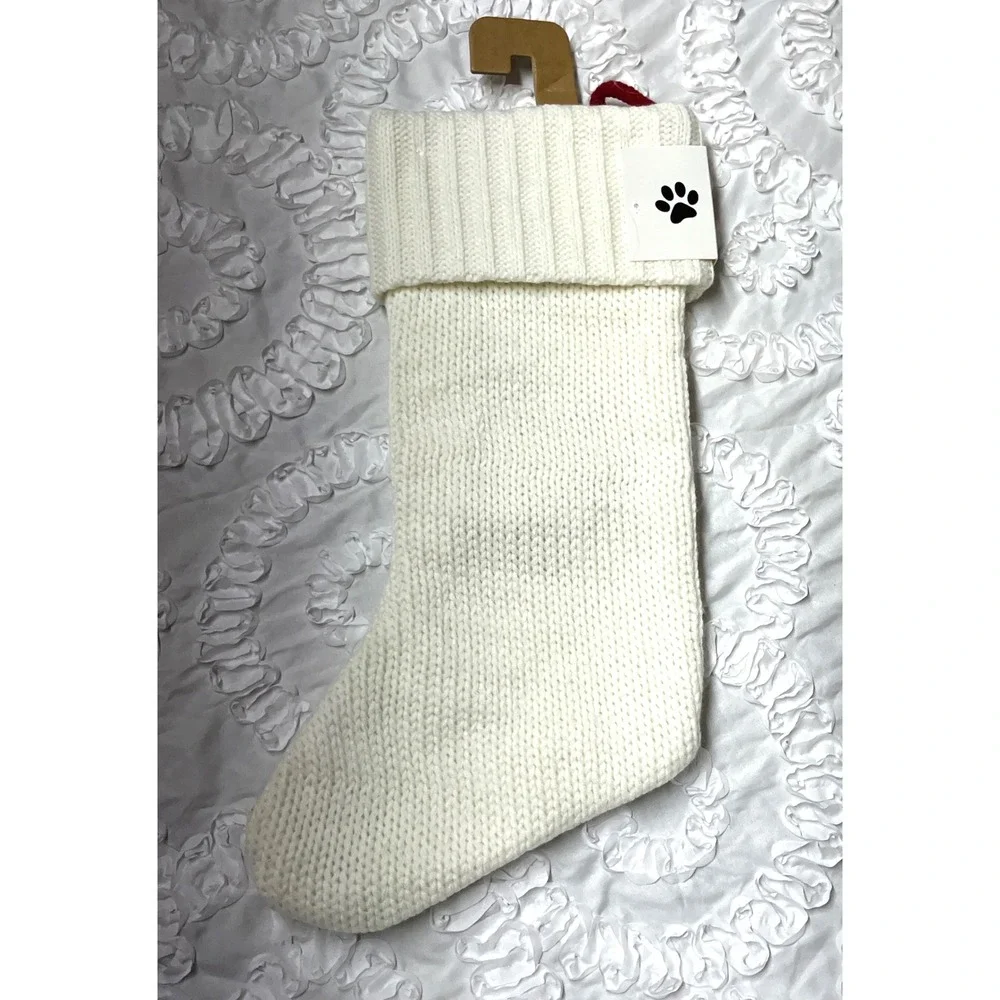 Cream Knit Christmas Stocking Burgundy Paw Print Holiday Decor Pet‎ Lover 20
